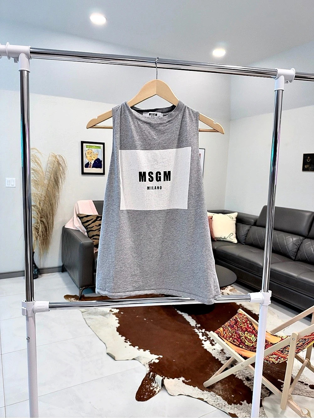MSGM Milano Logo Tank Top Gray & White Size Medium